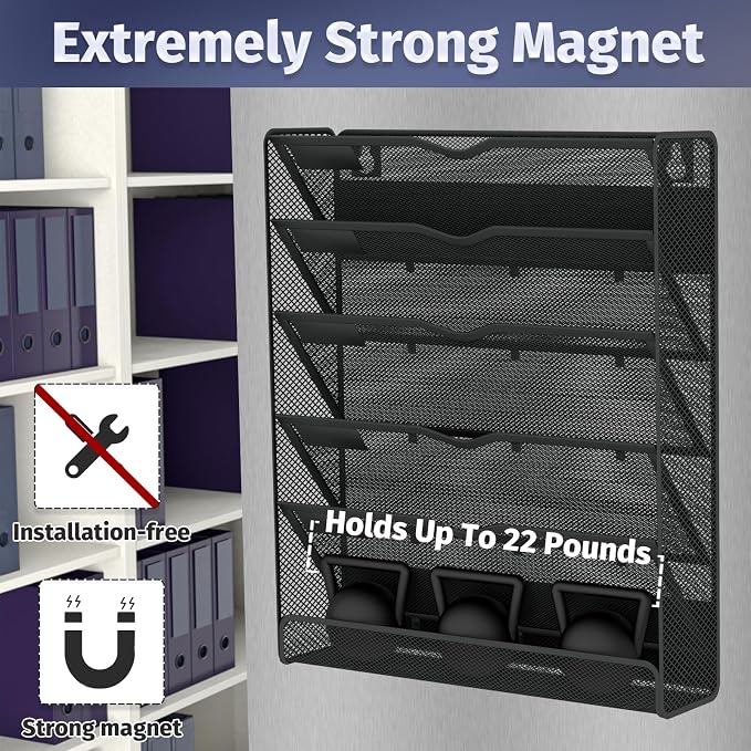 6-Tier Magnetic File Holder, Large Capacity File Cabinet Organizer, No-Drill Mount Hanging Magnetic Paper Holder for File Cabinets, Office, Whiteboard, Magnetic Mail Holder - Image 3