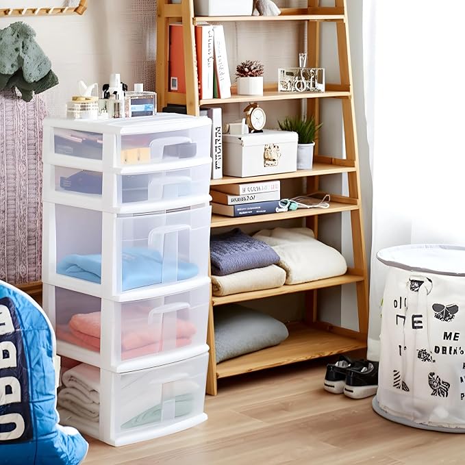 HOMZ 5-Drawer Storage Cart, Clear Plastic Drawers, 14.25" Wide Medium, White Frame - Organizing Drawer Containers for Home, Bathroom, Office, and Classroom - Image 8