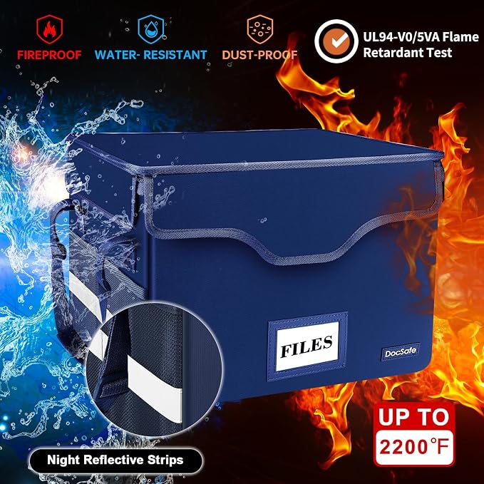 DocSafe Fireproof Document Box with Lock,File Storage Organizer with Pockets,Collapsible Portable File Box Home Office Safe Filing Cabinet with Handle for Hanging Letter/Legal Folders,Blue,2 Pack - Image 2