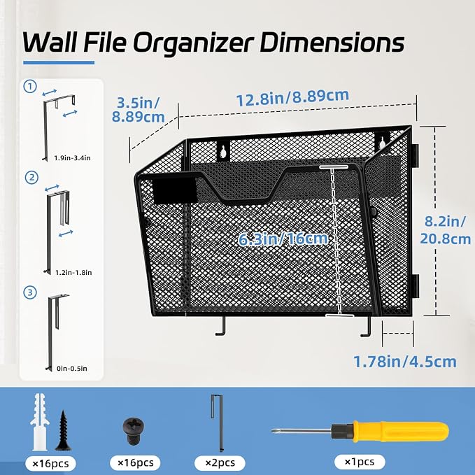 Wall File Organizer, 8 Pack Metal Wall File Holders, Black | Wall organizer with mesh pockets, label panels and hook or screw mounting for A4 and letter files at home, office or school - Image 2