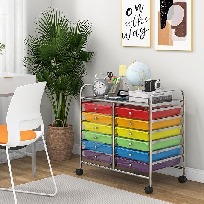 Giantex 12 Drawers Rolling Cart, Mobile Storage Drawer Cart, Classroom Organizer Cart for Office School Supplies Tools Scrapbook Paper Craft Small Printer, Utility Cart on Wheels, Rainbow - Image 4