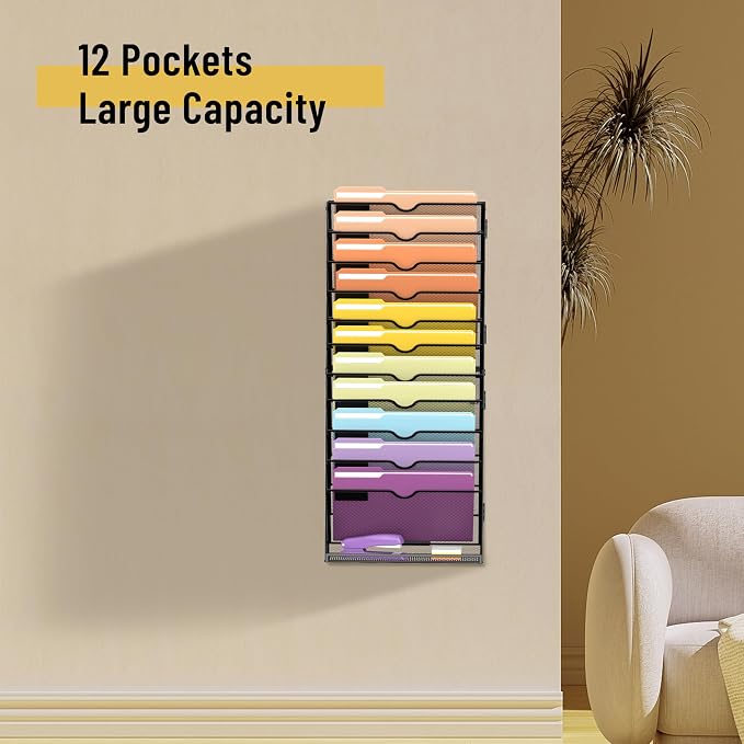 12-Tier Wall File Organizer, Mesh Hanging Wall Mount File Holder | Paper, Folder, Magazine Rack Great for Office Home School, Assembly Needed, Black - Image 2