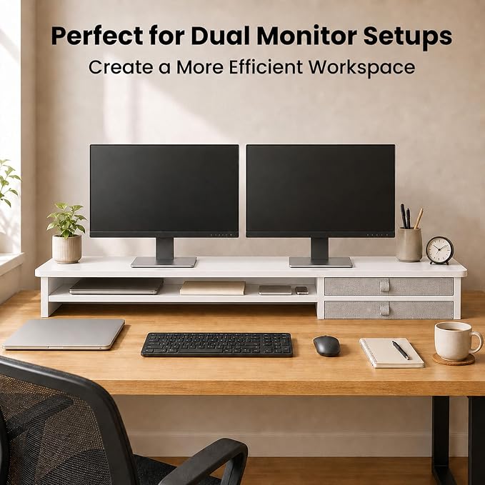 Dual Monitor Stand, 42.5 Inch Wood Monitor Riser with Drawers, 2 Tier Desktop Organizer for Computer Laptop TV, Large Screen Stand for Home Office Desk - Image 5