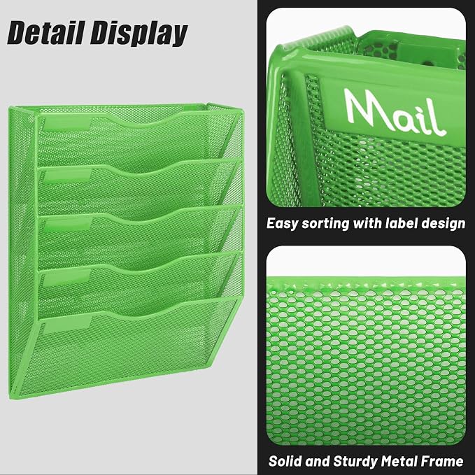 5 Pocket Mesh Hanging Wall File Organizer, Wall Mounted Mail Paper Document Folder Holder, Clipboard Storage Organization Magazine Rack with Nametag Label for Office Home School, Green - Image 4