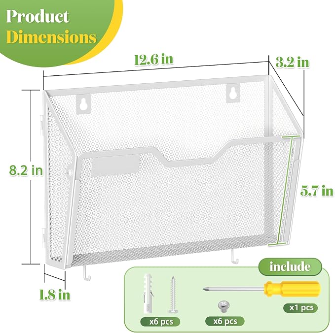 YINGHUA 3 Pack Wall Mounted Mesh File Folder Organizer with Hooks, White | 12.6" durable metal hanging baskets. Perfect vertical storage for mail, magazines and papers in office, home or school. - Image 2