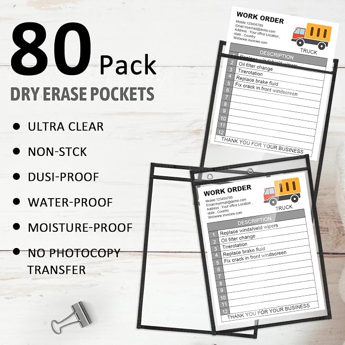 Yunsailing 80 Pack Dry Erase Pockets, Reusable Clear Job Ticket Holders, Plastic Sleeves Shop Ticket Holders Order Sheet Protectors for Work, Office, Classroom Organization(10'' X 14'',Vertical) - Image 2