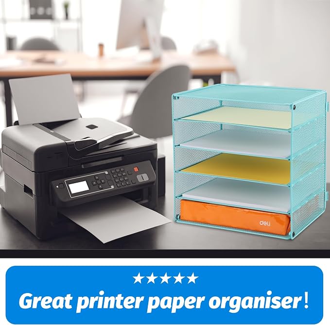 5 Slot Mesh Desk Organizer Tray, File Paper Letter Folder Holder Desktop Paper Sorter Mail Organization Rack Storage Accessories, for Office Home School Classroom, Blue - Image 4
