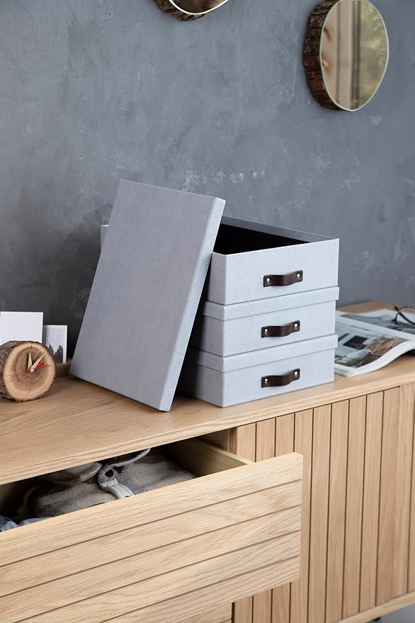 Bigso Oskar Canvas Fiberboard Document Letter Box - File Organizer Box for Important Paperwork - Document Storage with a Lid & Leather Handle - 3.3 in x 10.2 in x 13.8 in - 3 Pack - Ash - Image 8