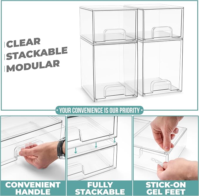 Sorbus Acrylic Storage Containers - 4 Pack, Stackable Storage Bins Set for Bathroom Organization - Clear Acrylic Drawer Organizers - Makeup Case Pull-Out Drawers (7.6’’ and 4.4’’ Tall) - Image 5