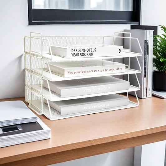YFS A4 Mesh Letter File Folder Holder, Paper Organizer Letter Tray with Handle, 4 Tier Stackable Letter Tray, Document Organizer, Office Decor (A4,Horizontal,White, 4 Tier) by wen-liz-US
