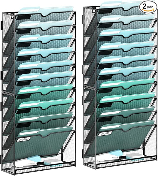11-Tier Wall File Organizer, Wall Mounted Mail Sorter, 2 Pack | Metal Mesh Hanging File Organizer with Open Compartments and Label Panels for Papers and Folders at Home, Office or School by SUPEASY