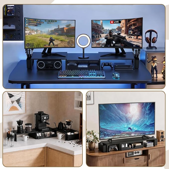 LEKETREE Dual Monitor Stand Riser with Drawer, Desk Organizer and Accessories, Monitor Stand for Desk, Desktop Stand for Computer, Laptop, TV and More (Black) - Image 4