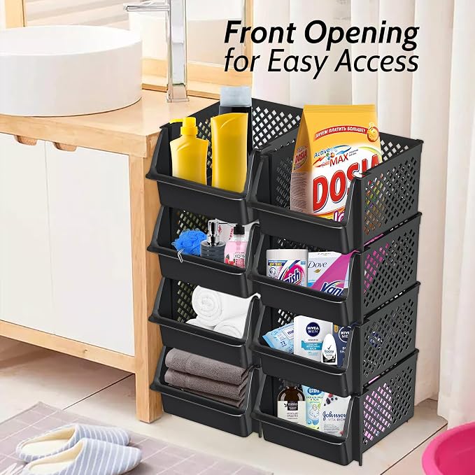 Skywin Stackable Storage Bins Open Front for Pantry Storage, 4 Pack - Black | Sturdy Plastic, Easy Stacking, Open Front Access, Ventilated Sides, Vertical & Space Saving Pantry Organizers and Storage Bin - Image 4