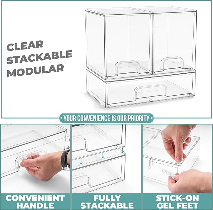Sorbus Acrylic Storage Containers - 3 Pack, Stackable Storage Bins Set for Bathroom Organization - Clear Acrylic Drawer Organizers - Makeup Case Pull-Out Drawers (7.6’’ Tall and 12.1’’ Wide) - Image 5