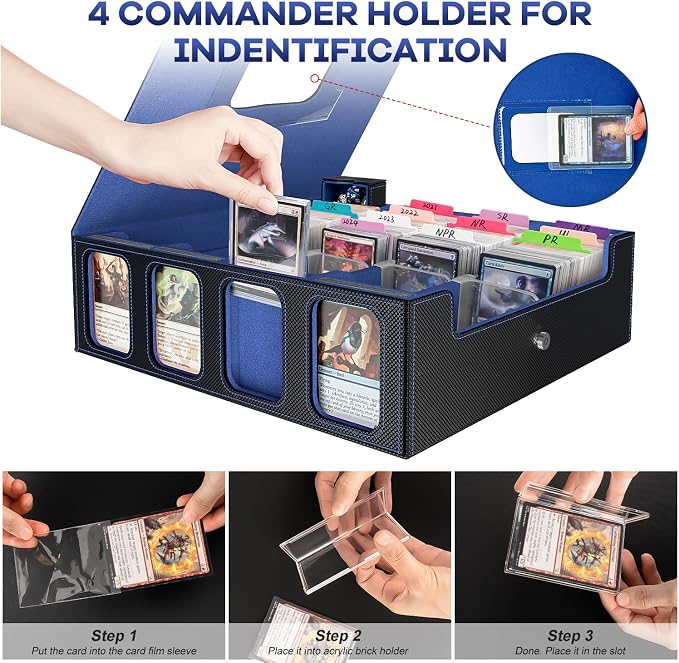 3200+ Trading Card Storage Box with Commander Display, 4-Row TCG Card Box with Portable Handle, Compatible for TCG/MTG/Magic Cards, 30 Colorful Divider, 8 Supporters, US Design Patent (Black&Blue) - Image 3
