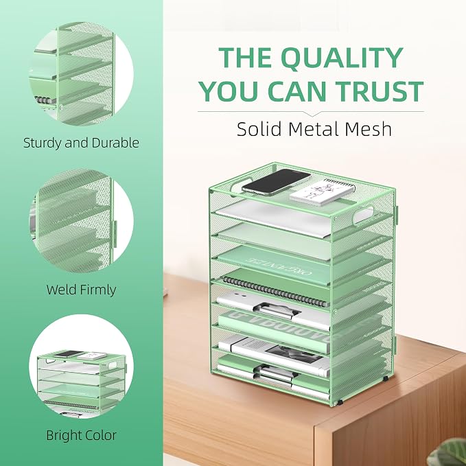 9-Tier Paper Organizer for Desk, Metal Letter Tray with Handles, Mint Green | Desk File Organizer with Removable Trays for Sorting Files, Folders, Mail and Printer Paper at Home, School or Office - Image 4
