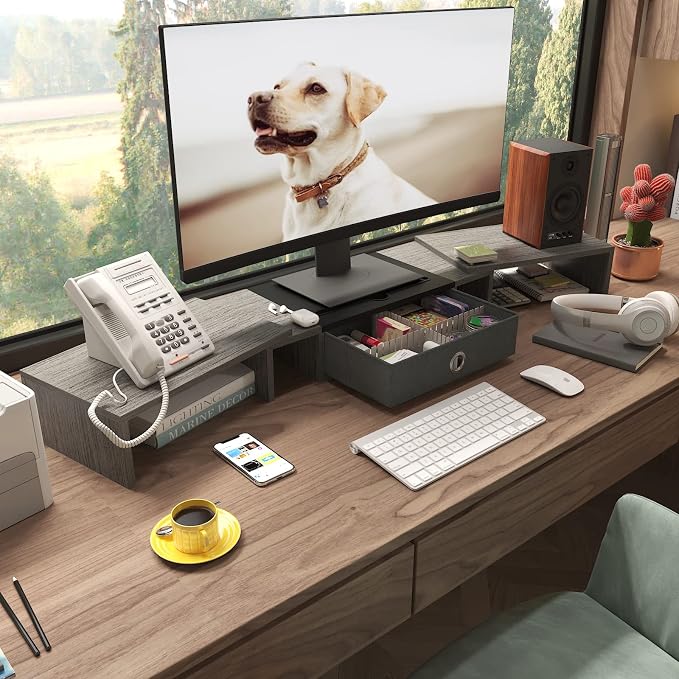 WESTREE Triple Dual Monitor Stand Riser with Drawer,Extra Large Adjustable for 2~3 Monitors,Solt for Phone & Tablet, Desktop Organizer Stand for Computer,Laptop,Printer,TV - Image 6