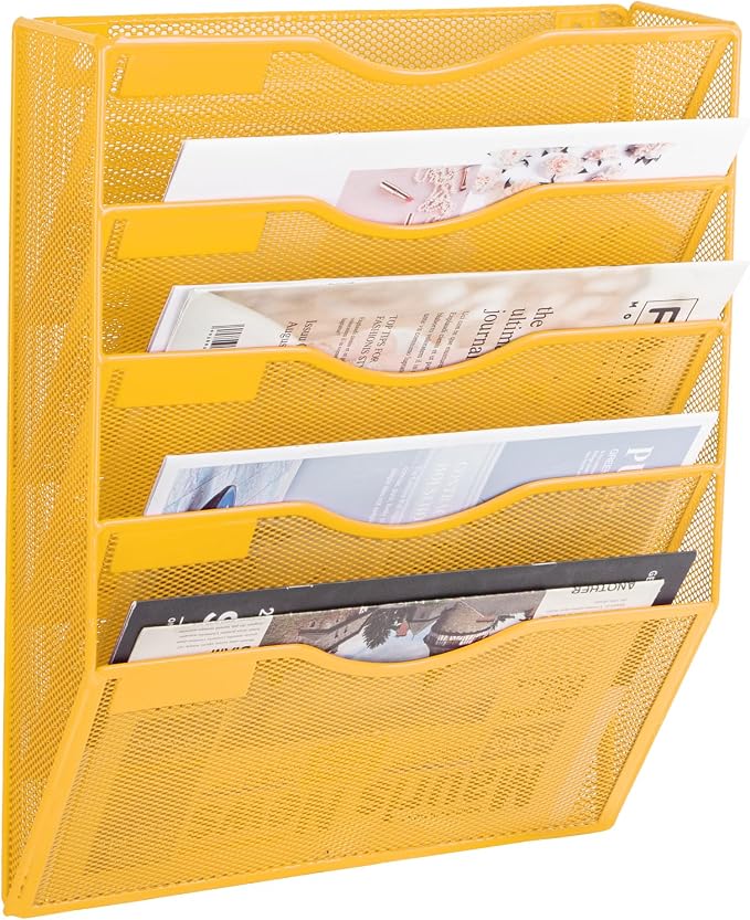 5 Pocket Mesh Hanging Wall File Organizer, Wall Mounted Mail Paper Document Folder Holder, Clipboard Storage Organization Magazine Rack with Nametag Label for Office Home School, Yellow by EASEPRES