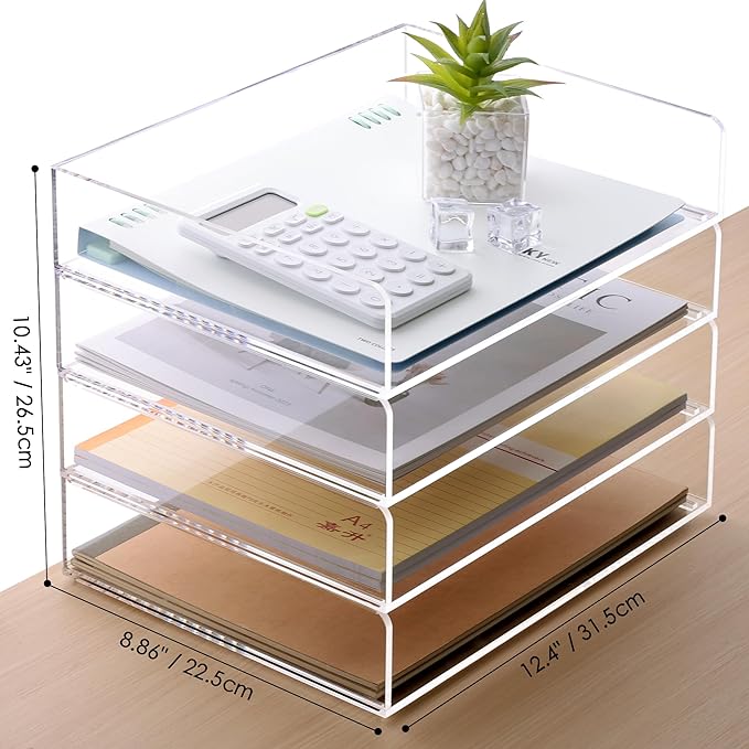 SANRUI Paper Organizer Letter Tray, 4-Pack Acrylic File Organizer, Clear | Stackable Desk Organizers, Paper Trays, Workspace Office Supplies Organizers for Office Classroom Home,12.4 x 8.86 x 10.4 in - Image 2