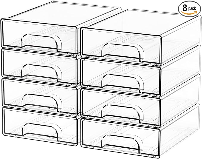 8 Pack Small Clear Stackable Storage Drawers,2.2'' Tall Desk Organization and Storage,Plastic Office Supply Organizer,Acrylic Storage Containers for Makeup,Hair Clip,Accessory,Pen,Art Crafts by Yieach