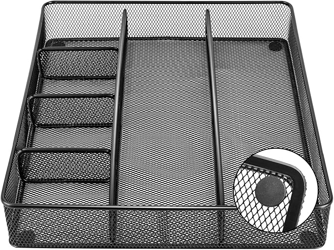 Amazon Basics Metal Mesh Desk Organizer with 6 Compartments, Anti-Slip Pen Holder Storage Tray for Office Supplies and Home, Black - Image 3