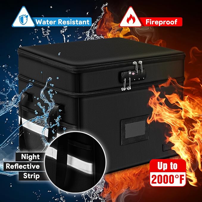 Fireproof File Oganizer with Lock, 2 Layer Fireproof Document Storage Box | Portable Office File Cabinet with 5 Tab Inserts, Collapsible File Storage for Hanging Letter, Legal Size Folder, Certificate - Image 3
