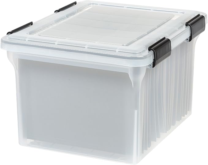 IRIS USA WeatherPro File Box Organizer, Letter/Legal, 32 Qt. Clear | Protect files and paperwork with a durable design featuring secure closure and convenient organization by IRISUSA