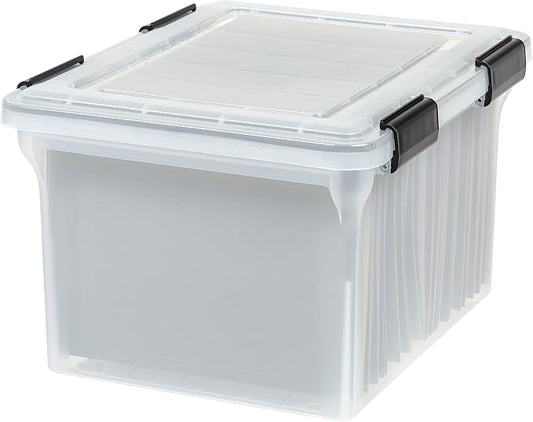 IRIS USA WeatherPro File Box Organizer, Letter/Legal, 32 Qt. Clear | Protect files and paperwork with a durable design featuring secure closure and convenient organization by IRISUSA