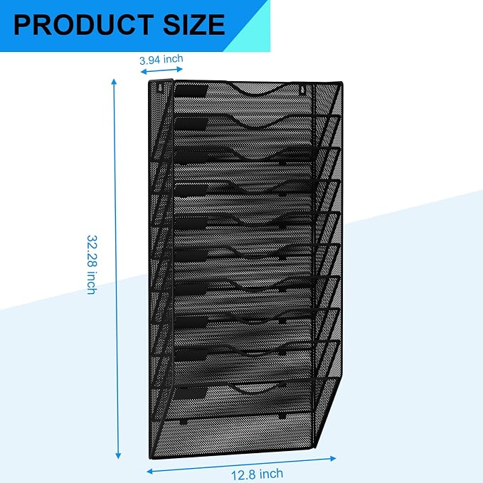 10 Pockets Hanging Wall File Organizer Mail Holder, Wall Mounted Paper Document Folder Holder, Clipboard Storage Organization Magazine Rack, Black - Image 3