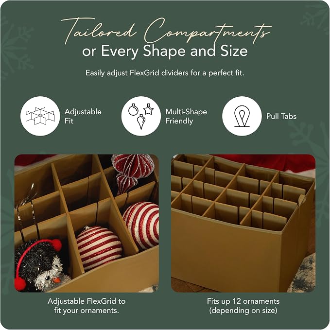 Covermates Keepsakes Adjustable Ornament Storage Bag – Heavy-Duty Polyester, Padded Dividers & FlexGrid Trays – Protective Holiday Ornament Organizer with Handles & Label Window, Green Snowflake - Image 5