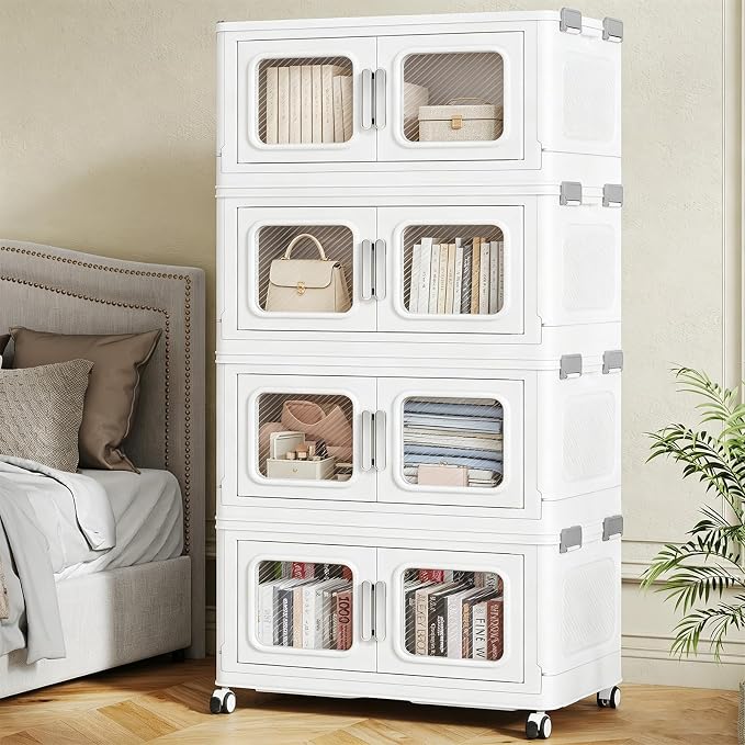 BROVIEW 200 Qt/50 Gal Stackable Storage Bins with Lids, 4 Pack, White | Small Stackable Storage Boxes w/ 4 Lid Folding Plastic Cart Organizer for Home Kitchen, Open Front Clear Door with Wheels by BROVIEW-EnjoytheArtofLife