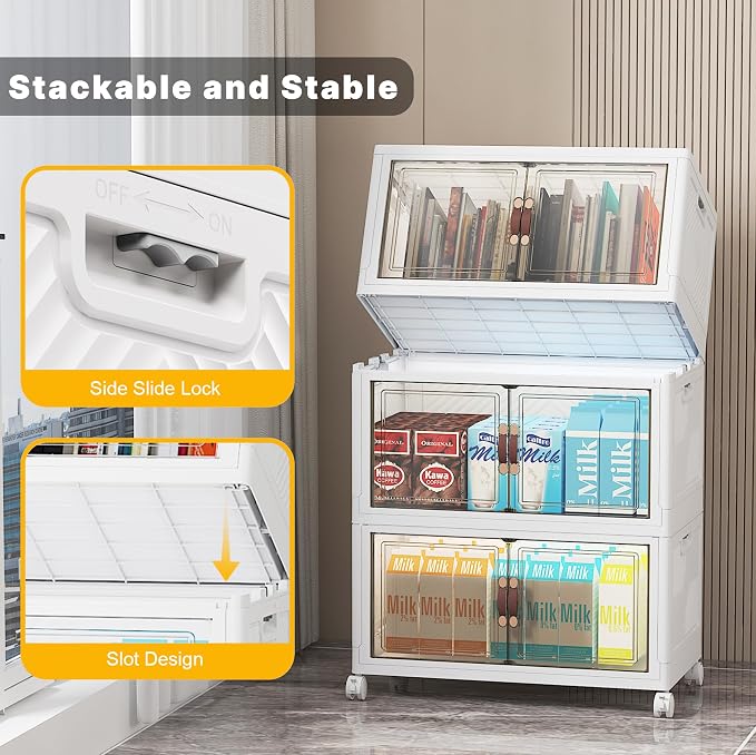 Stackable Storage Bins, 312QT Collapsible Drawers with 2 Lids | Large Capacity, Magnetic Door, Stack Lock, Rolling Wheels, Foldable Design, Organizers and Storage for Bedroom Dorm Garage - Image 4