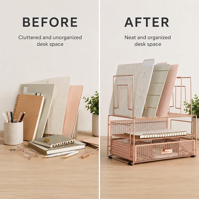 BLU MONACO | Rose Gold Desk Organizer with Drawer | Metal Desk Organizer with File Sorters and Storage Compartments | Office Desk Organizer for Paper Folders and Supplies - Image 6