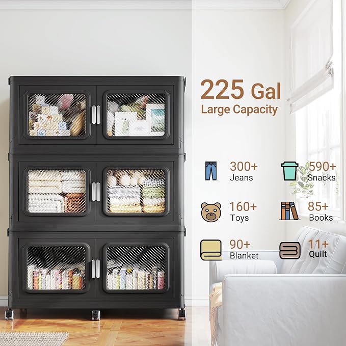 BROVIEW 900 Qt/225 Gal Stackable Storage Bins with Lids, 3 Pack, Black | Large Stackable Storage Boxes w/ 3 Lid Folding Plastic Cart Organizer for Home Kitchen, Open Front Clear Door with Wheels - Image 5