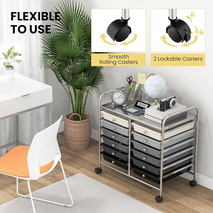 Giantex 12 Drawers Rolling Cart, Mobile Storage Drawer Cart, Classroom Organizer Cart for Office School Supplies Tools Scrapbook Paper Craft Small Printer, Utility Cart on Wheels, Black Gradient - Image 8