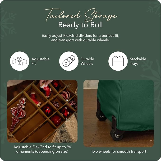 Covermates Keepsakes Rolling Adjustable Ornament Storage Bag – Heavy-Duty Polyester, FlexGrid Trays & Padded Dividers – Protective Holiday Organizer with Wheels, Handles & ID Window, Green - Image 5