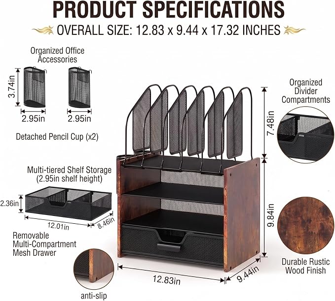 Wood Desk Organizer - 4-Tier Desktop File Organizer with Drawer, Wooden Paper Tray, Vertical File Holders & 2 Pencil Holders - Office Desk Organizer for Papers, Mail, Notebooks, Stationery - Image 2