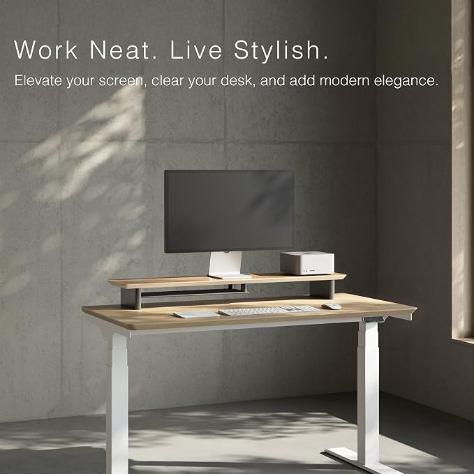 amesoba White Oak Dual‑Tier Ergonomic Desk Setup – Modern Wooden Monitor Stand & Workspace Riser, Home Office & Minimalist Aesthetic (White Oak, Large) - Image 2