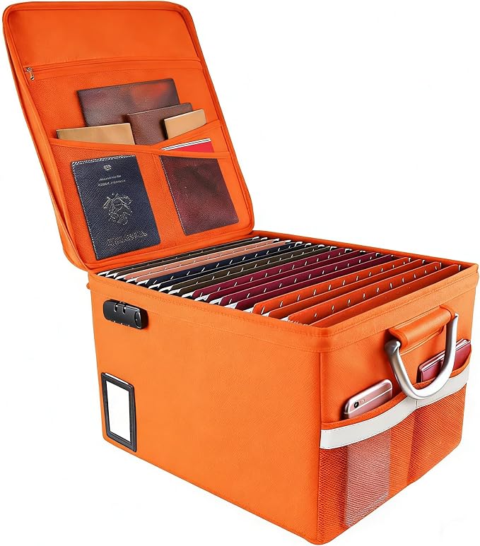 TOMKID Fireproof File Cabinet with Lock, Fireproof Document Organizer Collapsible File Box Filing Cabinet with Handle for Letter Legal Folder Certifications (Orange) by Aobteeny