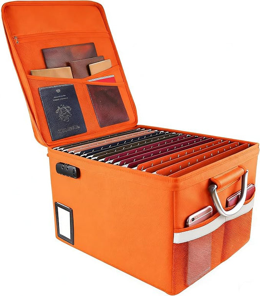 TOMKID Fireproof File Cabinet with Lock, Fireproof Document Organizer Collapsible File Box Filing Cabinet with Handle for Letter Legal Folder Certifications (Orange) by Aobteeny