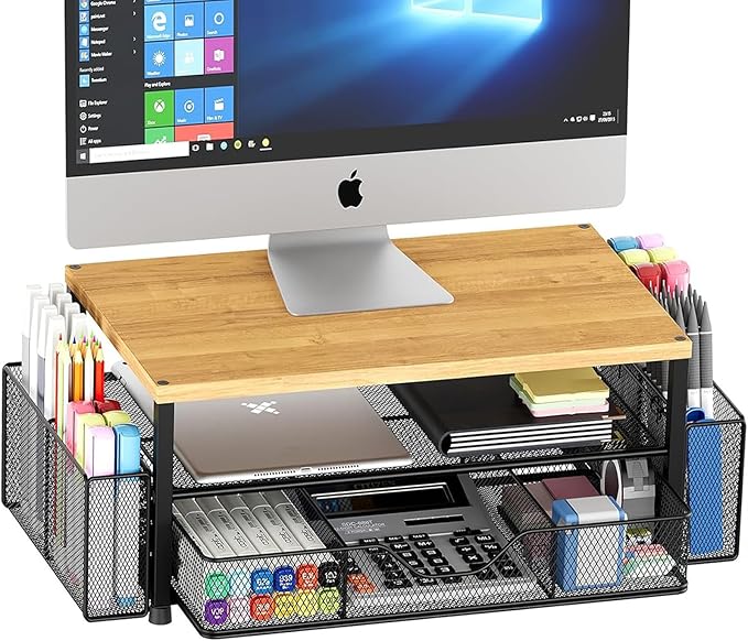 Desk Organizers and Accessories, Computer Monitor Stand Riser with Drawer and 2 Pen Holders, Printer & Laptop Stand, Office Desk Accessories & Workspace Organizers for Home Office Supplies, Oak by OPNICE