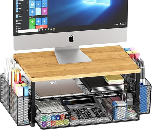 Desk Organizers and Accessories, Computer Monitor Stand Riser with Drawer and 2 Pen Holders, Printer & Laptop Stand, Office Desk Accessories & Workspace Organizers for Home Office Supplies, Oak by OPNICE