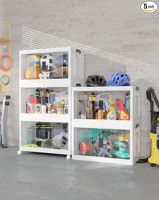 OlarHike 97QT Storage Bins with Lids for Closet, Garage, Shelves, 5 Pack | Multi-Lid, Lockable, Large Capacity, Doors & Wheels, Foldable Containers, Stackable Organizer, Plastic Drawers, School, Dorm by OlarHike