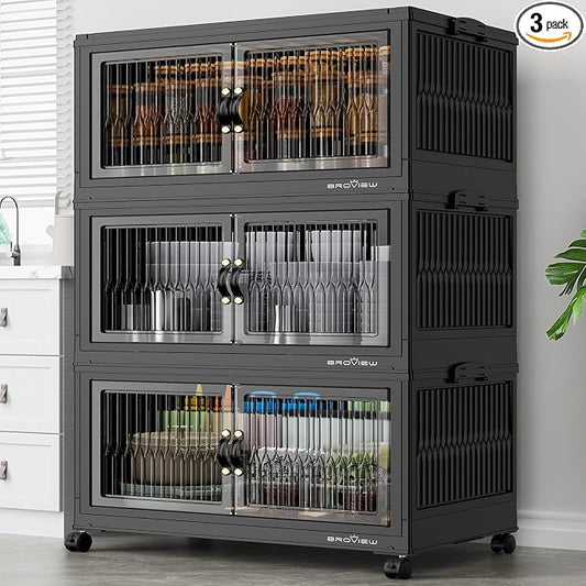 BROVIEW 360Qt Stackable Storage Bins with 3 Lids, Extra Large Closet Organizer Collapsible Drawer Boxes with Wheels, Folding Plastic Cabinet Containers for Home Kitchen Room Organization, 3Pack Black by BROVIEW-EnjoytheArtofLife