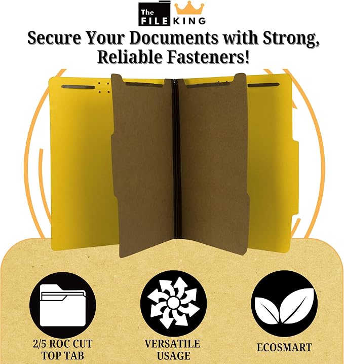 The File King Two Divider Pressboard Classification Yellow File Folder - Letter Size | Box of 10 | 2/5 ROC Top Tab | 2” Expansion | Six 2-Inch Fastener Prongs | Made in America - Image 3