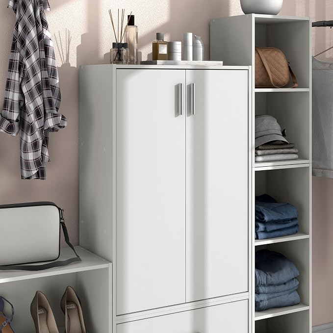 Homes: Inside + Out Apexa 3-Tier Stackable Wood Bookcase with Doors, Cube Storage Organizer Shelves, Small Food Pantry Cabinet, Dorm Teen Room Decor & Bedroom, Home Office, Kitchen, White - Image 4