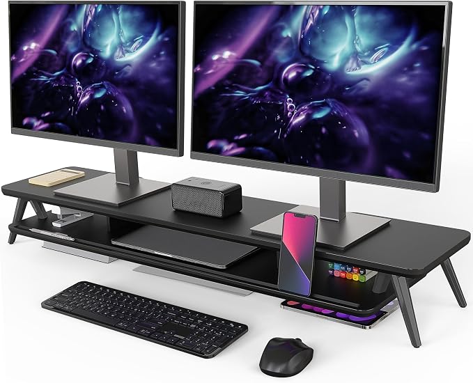 Fenge Dual Monitor Stand, Monitor Stands Riser for 2 monitors, 42.5 Inch Wood Desk Shelf with Storage Organizer and Cable Management for Office Desk Accessories | 42.5-Inch Wide, Sturdy Aluminum Legs, Built-In Phone & Tablet Slot, Desktop Organizer for... by Fenge