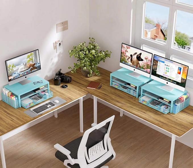 Computer Monitor Stand Riser, Desk Organizer with Drawer, Printer & Laptop Stand, Office Desk Accessories & Workspace Desktop Organizers Storage for Office Supplies(Blue) - Image 6