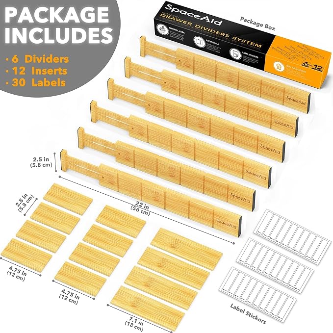 SpaceAid Bamboo Drawer Dividers with Inserts and Labels, Kitchen Adjustable Drawer Organizers, Expandable Organization for Home, Office, Dressers and Bathroom, 6 Dividers with 12 Inserts (17-22 in) - Image 3