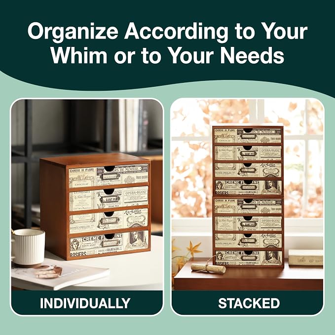 4-Drawer Vintage Ephemera Pattern Desktop Organizer - Arts and Craft Newspaper Design Desk Storage Cabinet - Ephemera Wood Shelf Drawers with Label Holders - Scrapbook Collecting - Image 5